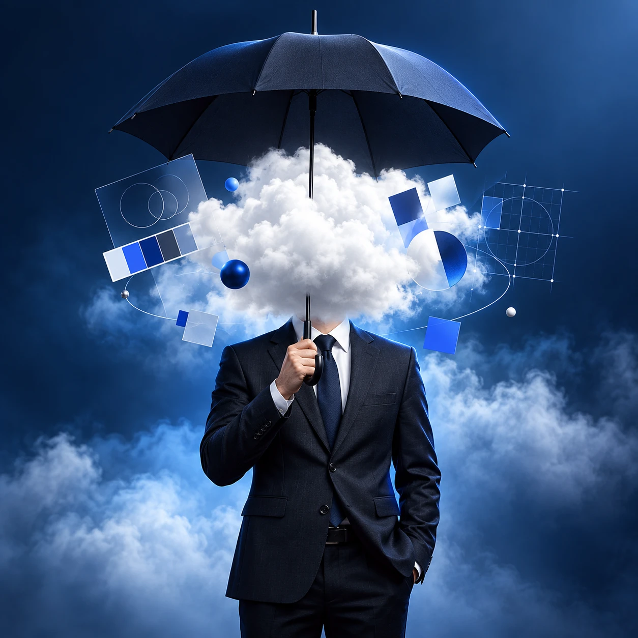Identidade visual: uma nuvem no lugar da cabeça de um executivo, sob um guarda-chuva